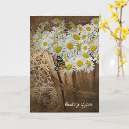 白のデイジーおよび蝶の考えること カード (黄色い花)