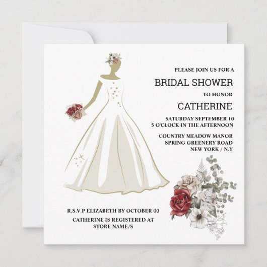 白のド結婚レスの赤いバラのフローラの華やかさ 招待状 (正面)