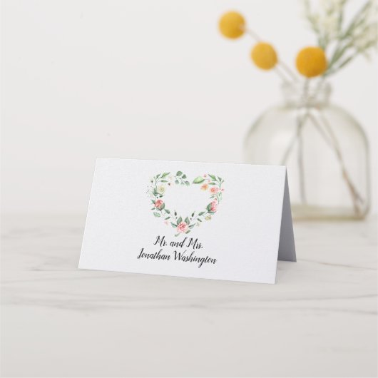 白のハート上のピンクローズ結婚デザイン プレイスカード (裏面)