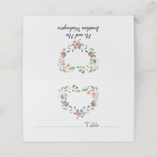 白のハート上のピンクローズ結婚デザイン プレイスカード (外部開封)