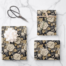 白のバラと金ゴールドの離れ花柄