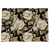 白のバラと金ゴールドの離れ花柄 ラージペーパーバッグ (正面)