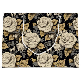 白のバラと金ゴールドの離れ花柄 ラージペーパーバッグ