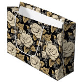 白のバラと金ゴールドの離れ花柄 ラージペーパーバッグ (正面アングル)