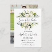 白のバラ緑の結婚式の日付を保存 (正面/裏面)