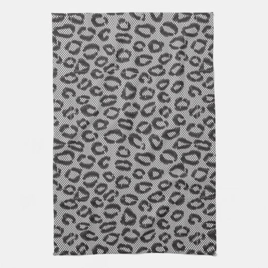 白のヒョウパターンが付いている黒い純レース キッチンタオル (縦)