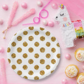 白のフェイクな金ゴールドのグリッターの水玉模様パターン ペーパープレート (パーティー)