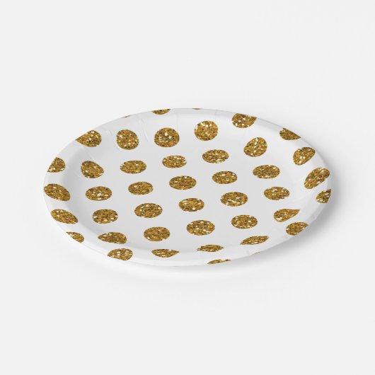 白のフェイクな金ゴールドのグリッターの水玉模様パターン ペーパープレート (アングル)