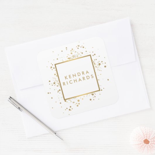 白のフェイク金ゴールド紙吹雪 スクエアシール (封筒)