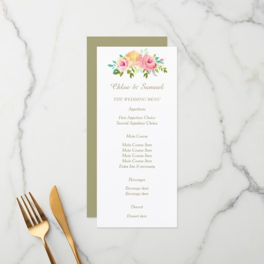 白のメニューに桃のピンク結婚のバラ メニュー (正面/裏面インサイチュ)