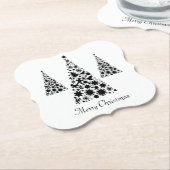 白のモダン上に黒いクリスマスツリーパターン ペーパーコースター (アングル)