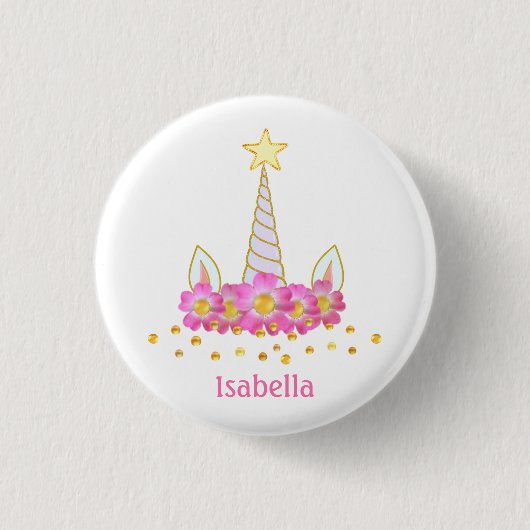 白のユニコーン、花と金ゴールド紙吹雪 缶バッジ (正面)