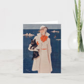 白のヴィンテージの女性および海のメッセージカードによる犬 カード (正面)