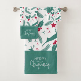 白の上にクリスマスホリーと鹿のパターン。 バスタオルセット