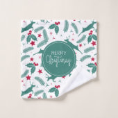 白の上にクリスマスホリーと鹿のパターン。 バスタオルセット (ウォッシュタオル)