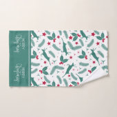 白の上にクリスマスホリーと鹿のパターン。 バスタオルセット (ハンドタオル)