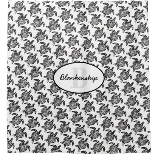 白の上にモノグラム黒の部族の亀のパターン シャワーカーテン (正面)