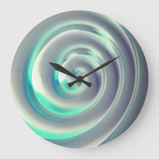 白の上に巨大な銀とアクアマリンのスパイラル ラージ壁時計 (正面)