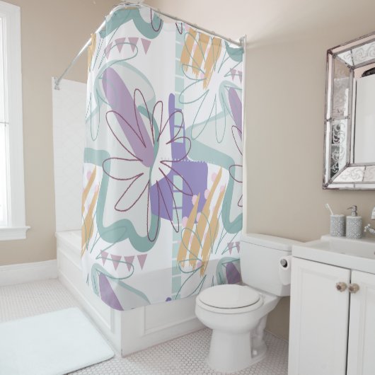 白の上に幾何学的な形状と花。 シャワーカーテン (インサイチュ)