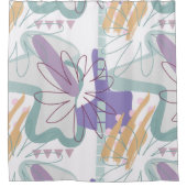 白の上に幾何学的な形状と花。 シャワーカーテン (正面)