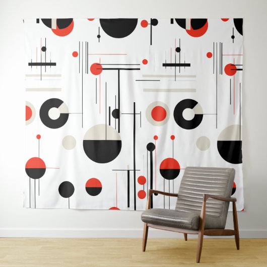 白の上に赤い白い黒のバウハウス幾何学的形状 タペストリー (インサイチュ(横))