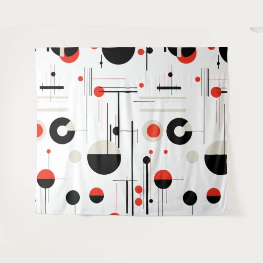 白の上に赤い白い黒のバウハウス幾何学的形状 タペストリー (正面(横))