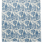 白の上に青い青の陳腐なパゴダ シャワーカーテン (正面)