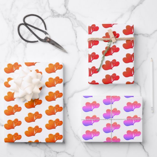 白の上に3つのリンクハートパターン ラッピングペーパーシート (正面)