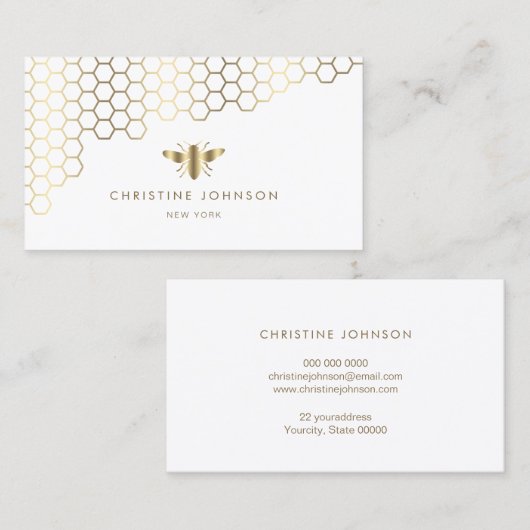 白の上フェイクに蜂の巣と金ゴールド箔 名刺 (正面/裏面)