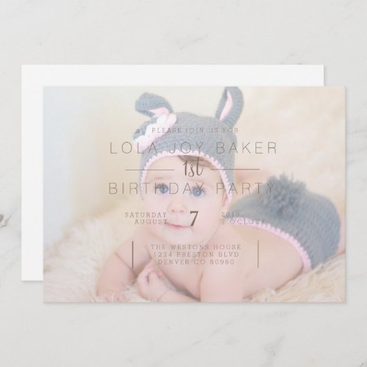 白の不透明オーバーレイ |誕生日フォト招待状 招待状 (正面/裏面)