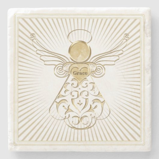 白の優美の金線条細工のクリスマスの天使 ストーンコースター (正面)