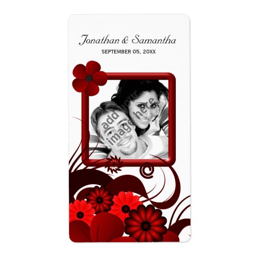 白の写真に赤いフローラの結婚好意ワインラベル ラベル (正面)