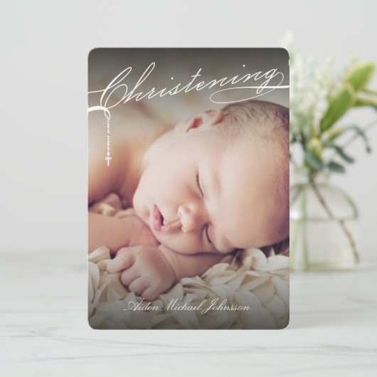 白の台本付き《キリスト教》洗礼式や命名式クロス写真宗教 招待状 (スタンド正面)