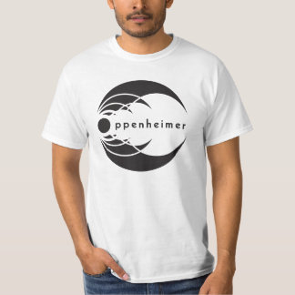 白の基本的なoppenheimerのロゴの黒 tシャツ