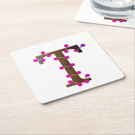 白の文字T装飾イニシャル スクエアペーパーコースター