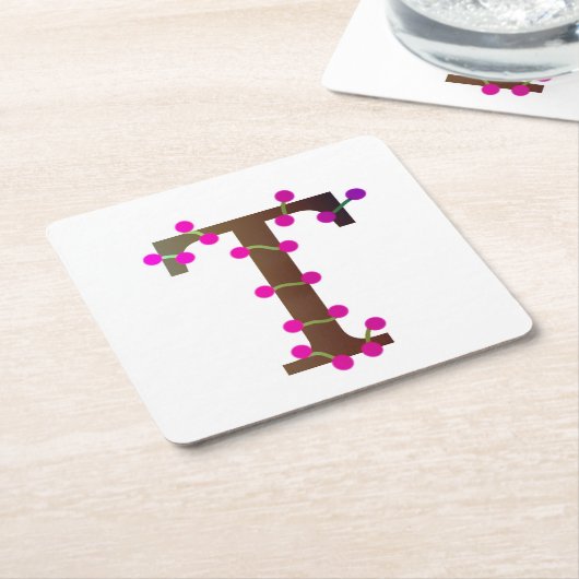 白の文字T装飾イニシャル スクエアペーパーコースター (アングル)