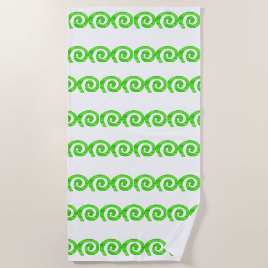 白の明るい緑のらせん状パターン ビーチタオル (正面)
