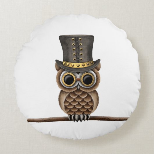 白の枝のSteampunkのかわいいフクロウ ラウンドクッション (正面)
