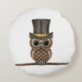 白の枝のSteampunkのかわいいフクロウ ラウンドクッション (裏面)