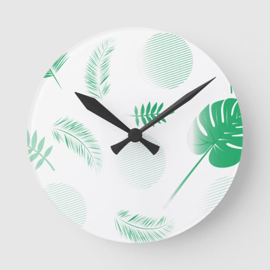 白の柔ら葉かい緑の ラウンド壁時計 (正面)