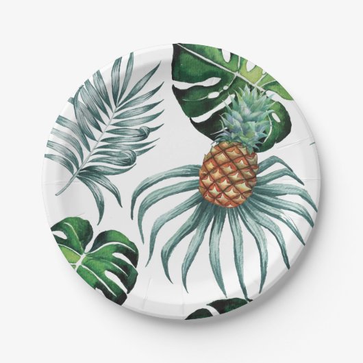 白の熱帯水彩画のパイナップル絵画 ペーパープレート (正面)