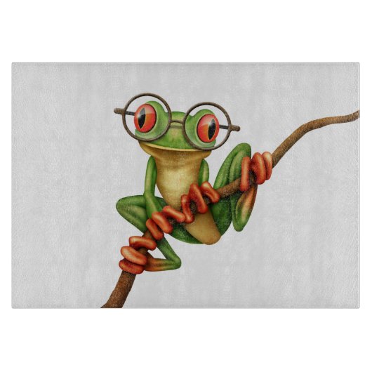 白の目ガラスを持つかわいい緑のアマガエル カッティングボード (正面)