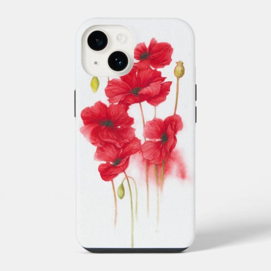 白の紅いポピー絵画  iPhoneケース (裏面)