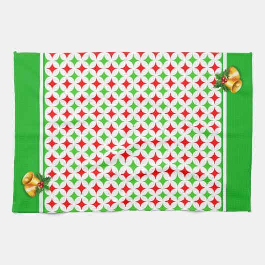 白の緑と赤のダイヤモンドスターパターン キッチンタオル (横)