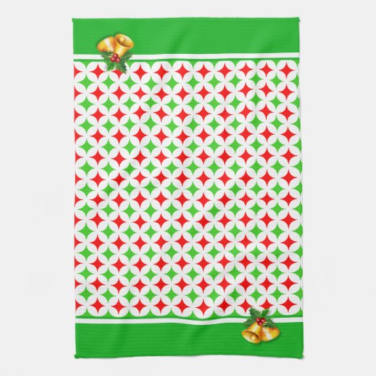 白の緑と赤のダイヤモンドスターパターン キッチンタオル (縦)