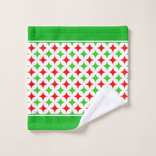 白の緑と赤のダイヤモンドスターパターン バスタオルセット (ウォッシュタオル)