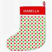 白の緑と赤のダイヤモンドスターパターン ラージクリスマスストッキング (裏面)