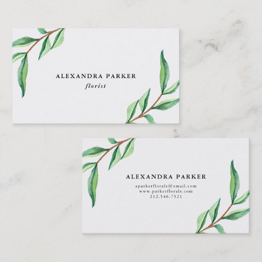 白の緑の水彩画の葉 名刺 (正面/裏面)
