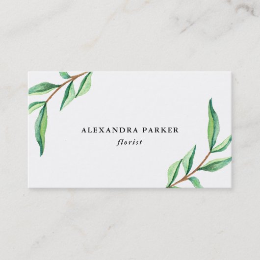 白の緑の水彩画の葉 名刺 (正面)