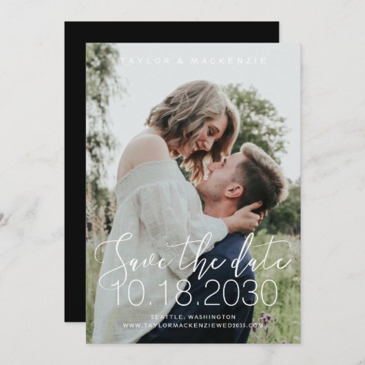 白の繊細な手のレタリング写真の日付を保存 セーブザデート (正面/裏面)